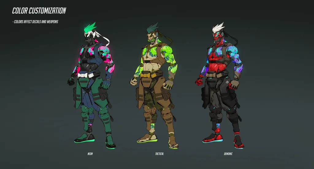 Arte conceitual mostra skin mítica de Genji, com um visual no estilo cyberpunk. (Imagem: Divulgação/Blizzard)