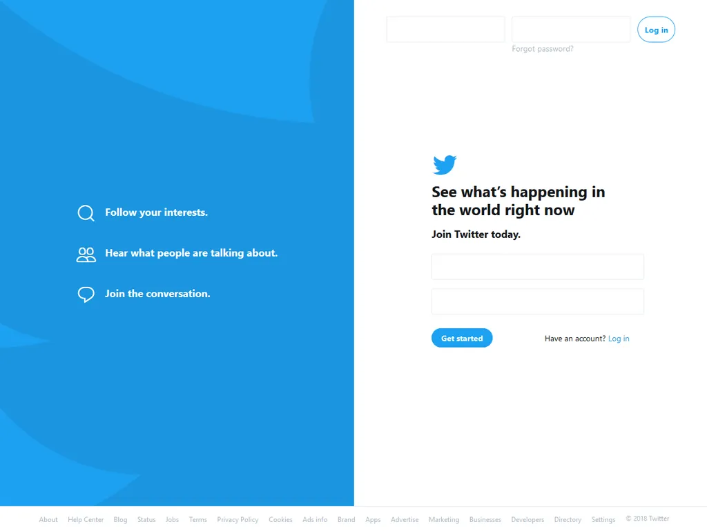O Twitter voltou a ter uma página inicial mais simplificada (Imagem: Reprodução/Web Design Museum)
