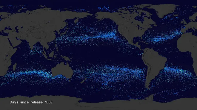 Dados obtidos por boias oceânicas são combinadas em modelos de correntes oceânicas para estimar a distribuição do lixo pelos oceanos (Imagem: Reprodução/NASA SVS/Greg Shirah/Horace Mitchell)