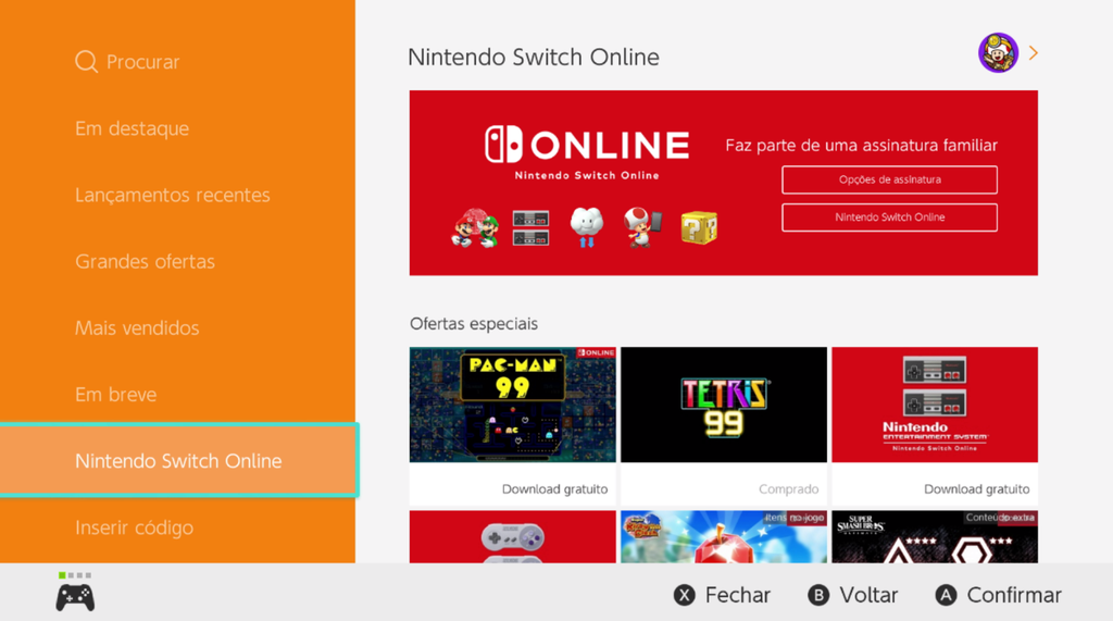 Você consegue conferir todos os benefícios do Nintendo Switch Online diretamente pela eShop (Captura de tela: Felipe Goldenboy/Canaltech)