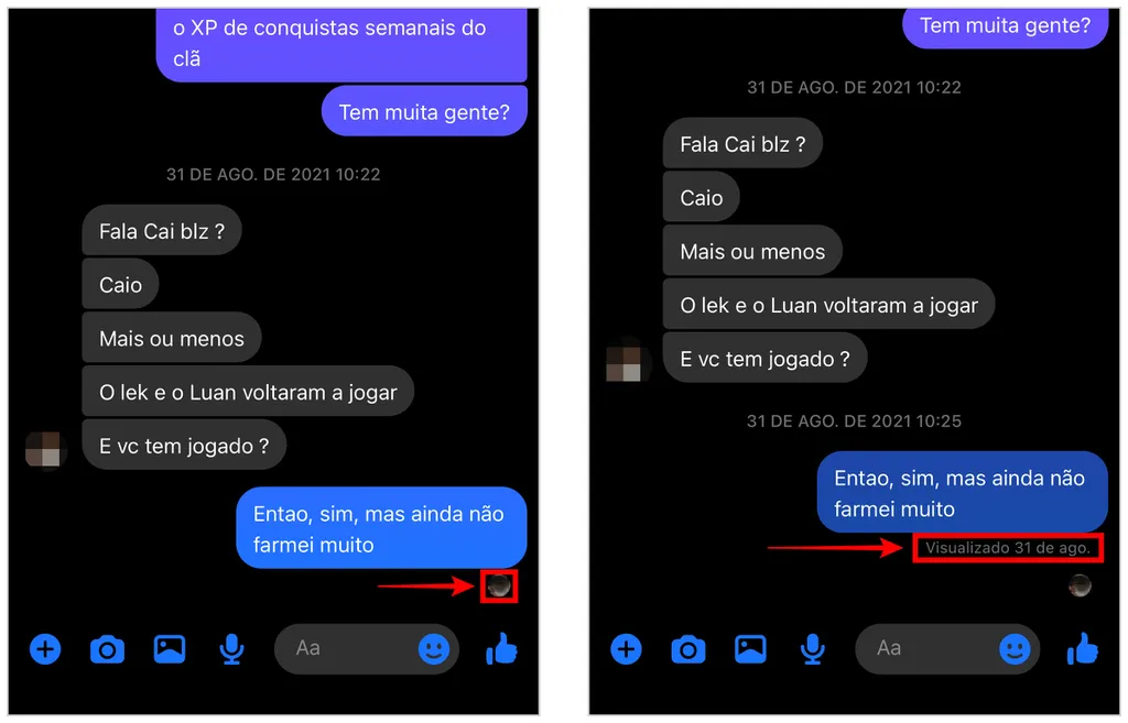 Veja a foto pequena do contato, ou toque sobre o envio, para saber se a pessoa viu a mensagem no Messenger (Captura de tela: Caio Carvalho)