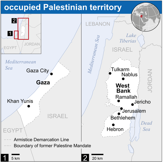 Os territórios reivindicados pelos palestinos (Imagem: Wikipedia)