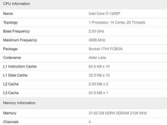 Intel Core i7 1280P Geekbench Vazamento