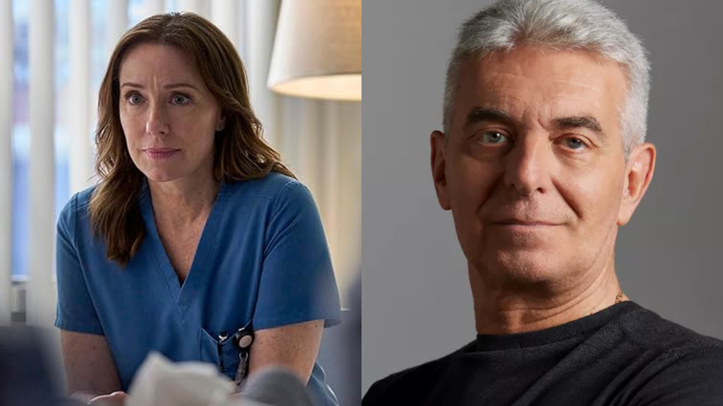 Mulher com roupa azul médica e homem grisalho