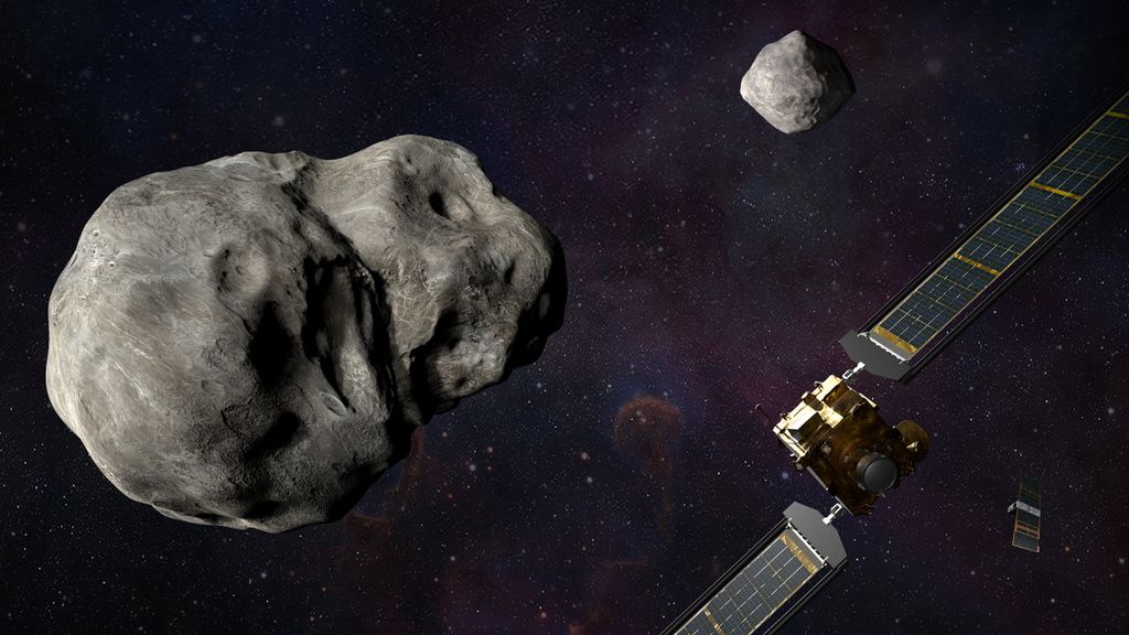 Representação da missão DART, que deverá chegar aos asteroides do sistema Didymos em setembro (Imagem: Reprodução/NASA/Johns Hopkins APL/Steve Gribben)