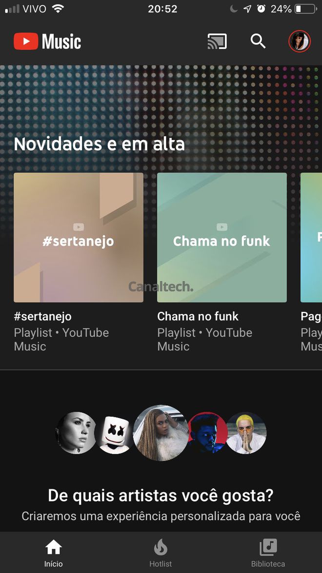 Interface do YouTube Music (Imagem: Canaltech)