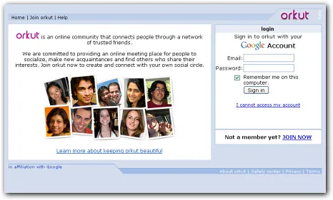 Essa era a página inicial do Orkut e era preciso ter uma conta do Google para acessá-lo (Imagem: Patrick Barry/Reprodução)