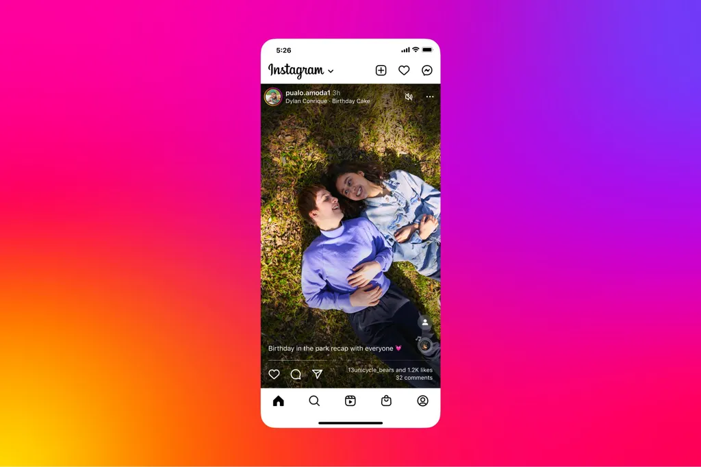O Feed do Instagram pode ficar mais parecido com o Reels, com publicações em tela cheia (Imagem: Divulgação/Instagram)