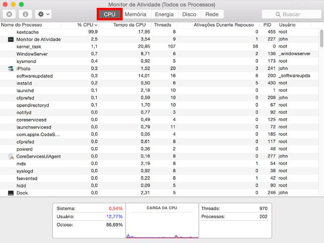 Verifique quais programas estão sobrecarregando a CPU do seu Macbook (Captura de tela: Matheus Bigogno)