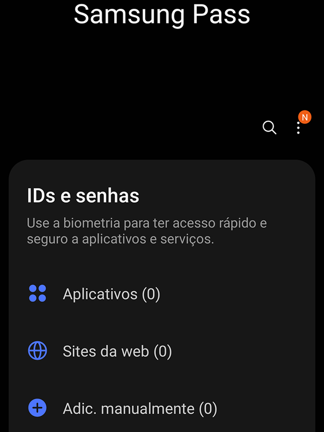 Tela principal do Samsung Pass (Imagem: André Magalhães/Captura de tela)