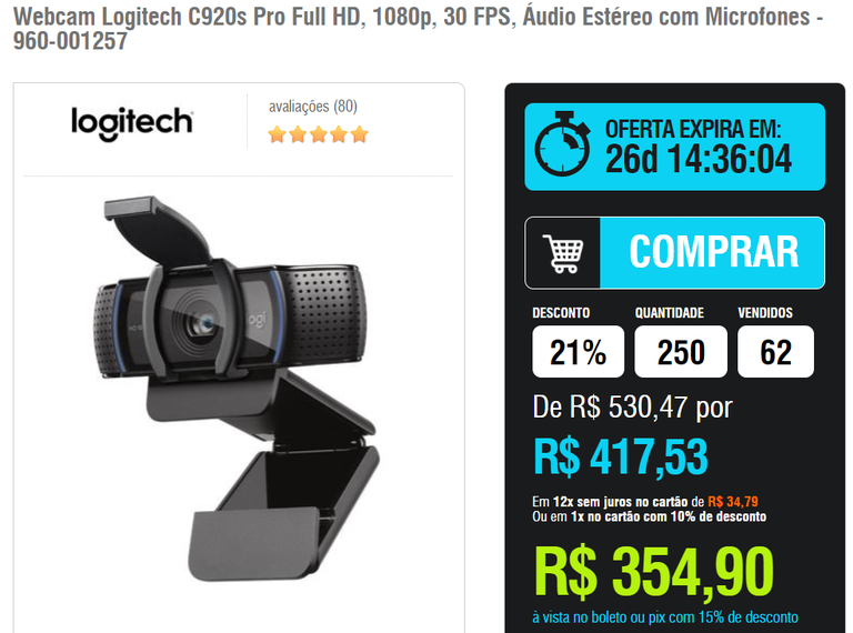 Webcam Logitech C920s 30 fps