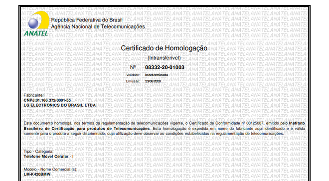Certificação do LG K42 (Imagem: Reprodução/Anatel)