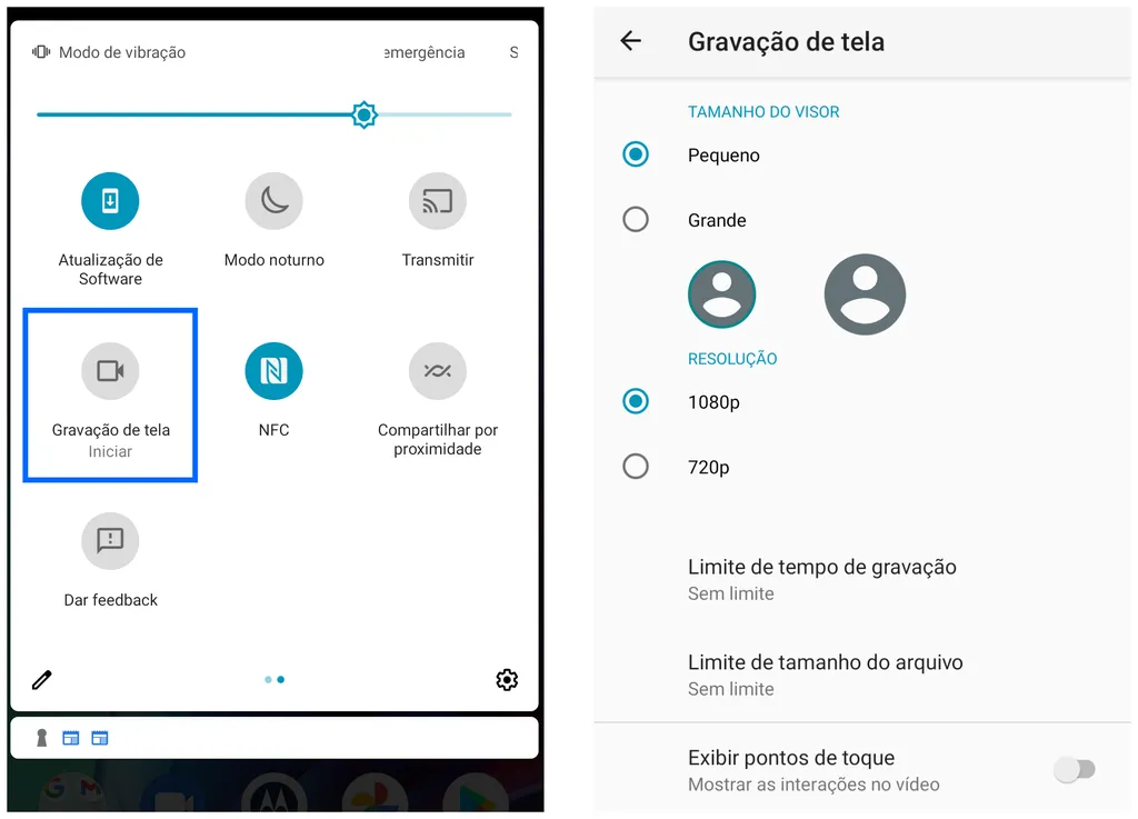 Opções de gravação de tela no Moto G71 (Felipe Junqueira/Canaltech)