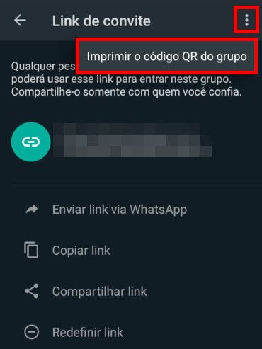 Cique no ícone de "Três pontos" no canto superior direito" e selecione o item "Imprimir código QR do grupo" (Capture de tela: Matheus Bigogno)