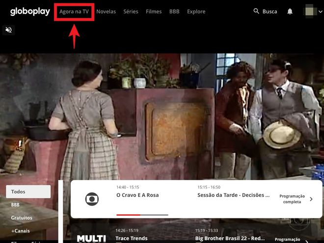 Como assistir TV Globo ao vivo e grátis: acesse a aba "Agora na TV" no Globoplay (Captura de tela: Caio Carvalho)