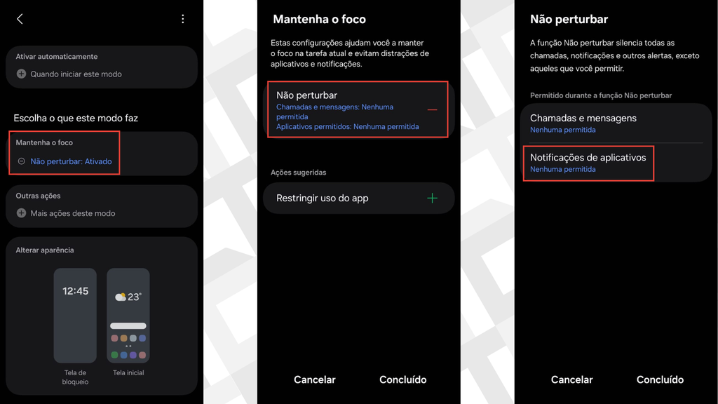 Como verificar os modos e rotinas ativos e se estão restringindo notificações
