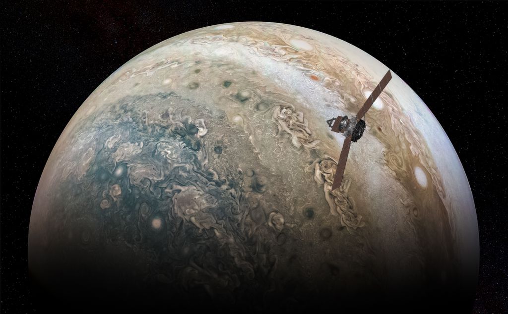 A sonda Juno pode estudar a lua Europa, de Júpiter, para coletar dados que ajudem a esclarecer como o calor afeta as camadas de gelo em luas como Mimas (Imagem: Reprodução/NASA/JPL-Caltech/SwRI/MSSS/Kevin M. Gill)