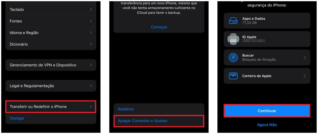 iPhone tem opção que apaga conteúdos e ajustes, removendo atualizações de software no celular (Captura de tela: Caio Carvalho)