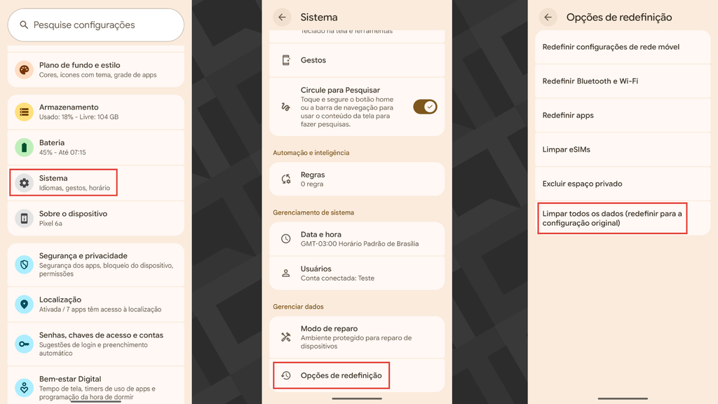 Passos para restaurar as configurações de fábrica no Android