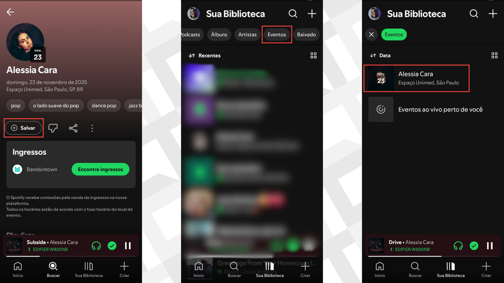 Passos para salvar eventos na sua biblioteca do Spotify