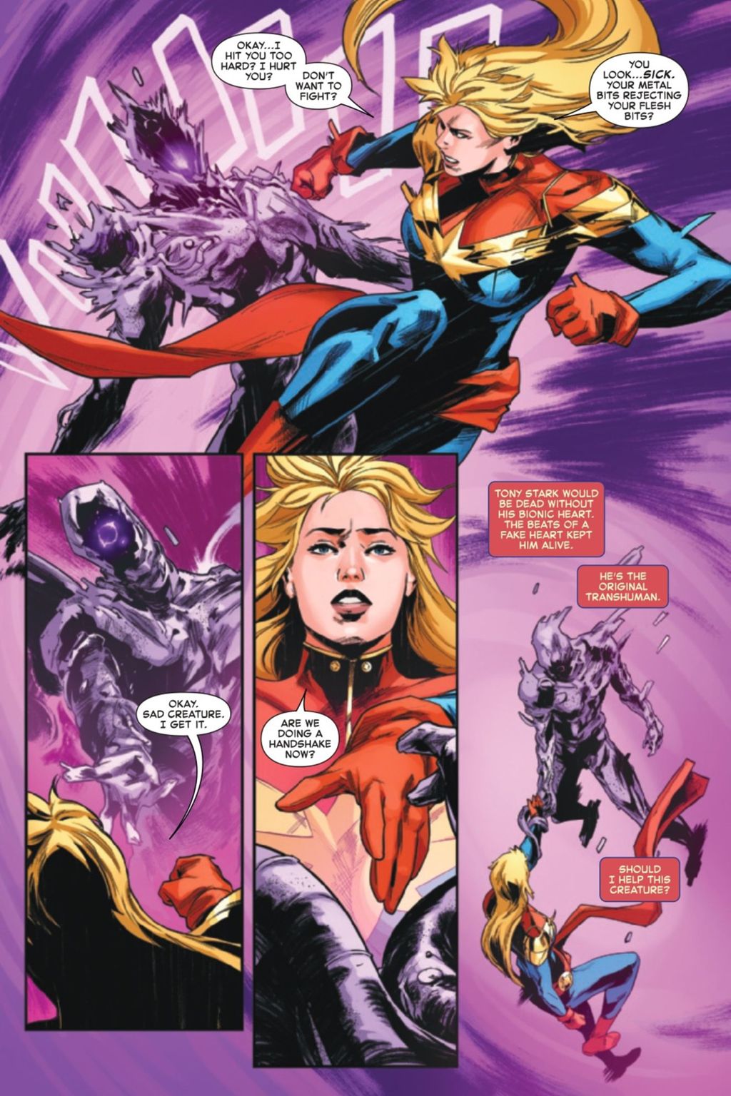 A Capitã Marvel chama o Homem de Ferro de "o transumano original" (Imagem: Reprodução/Marvel Comics)