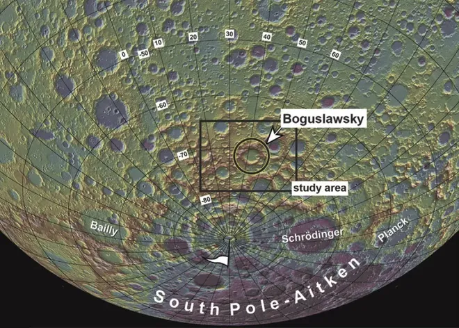 A missão Luna 25 se concentrará nesta região do polo sul lunar (Imagem: Reprodução/NASALROC/ASU)