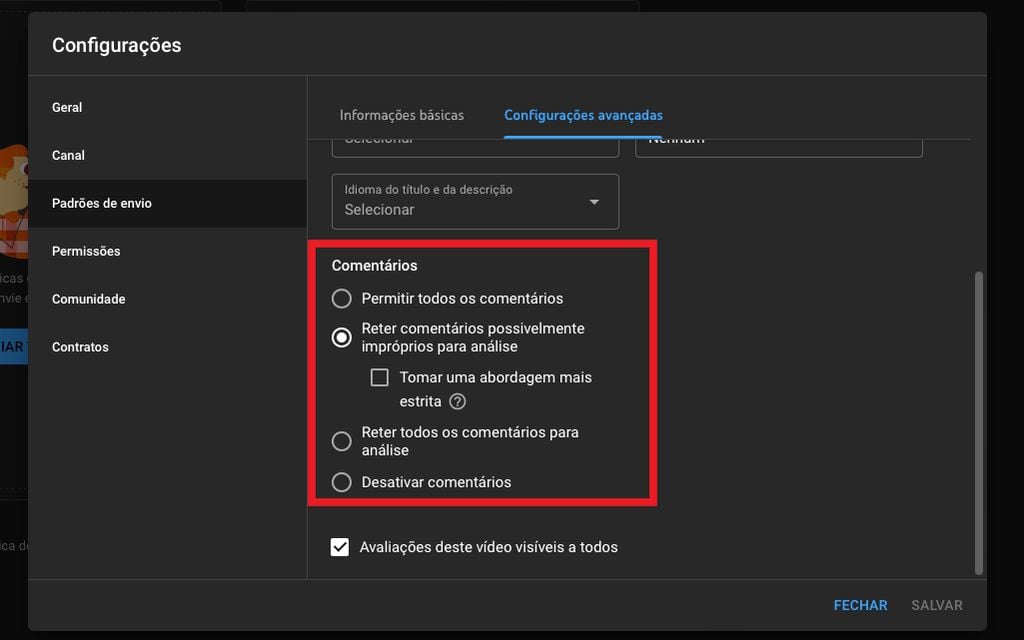 Como ativar os comentários no YouTube: também é possível desativar comentários (Captura de tela: Caio Carvalho)