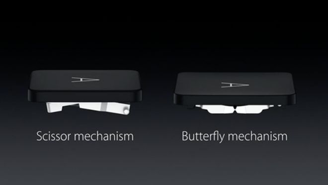 Mecanismos Tesoura e Borboleta (Scissor e Butterfly) dos teclados da Apple. Imagem: Reprodução (Apple)