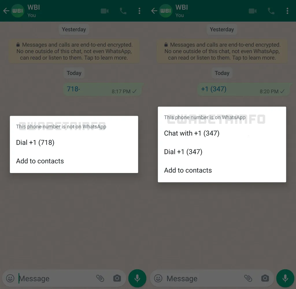 A nova opção "Conversar com [número]" só aparece se o contato mencionado estiver cadastrado no WhatsApp (Imagem: Reprodução/WABetaInfo)