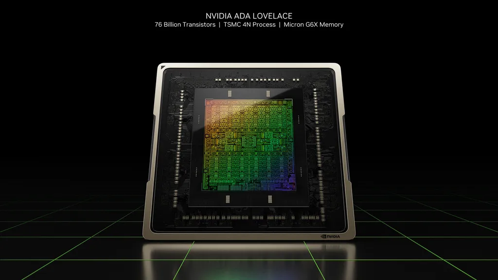 Fabricado no processo 4N de 4 nm da TSMC, chip da GPU AD102 emprega a nova arquitetura Nvidia Ada Lovelace contando com mais de 18 mil núcleos CUDA (Imagem: Nvidia)