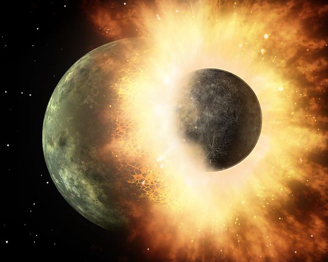 Ilustração da hipótese do grande impacto, que seria responsável pela formação da Lua e do material das bolhas no manto terrestre, 4,5 bilhões de anos atrás. (Imagem: Reprodução/NASA/JPL-Caltech)