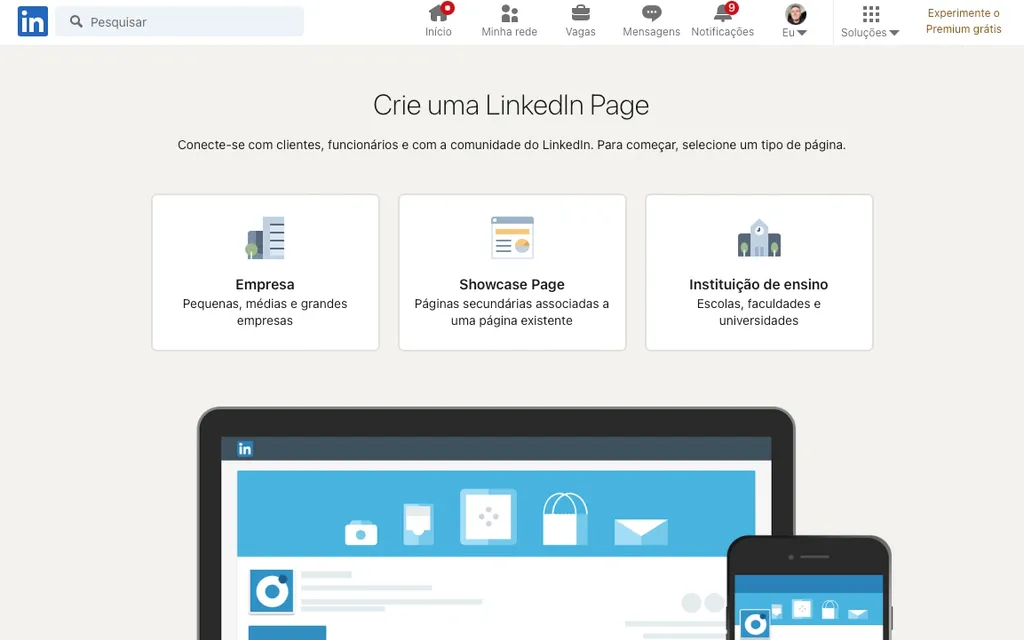 Selecione um tipo de LinkedIn Page para cadastrar sua empresa no LinkedIn (Captura de tela: Caio Carvalho)