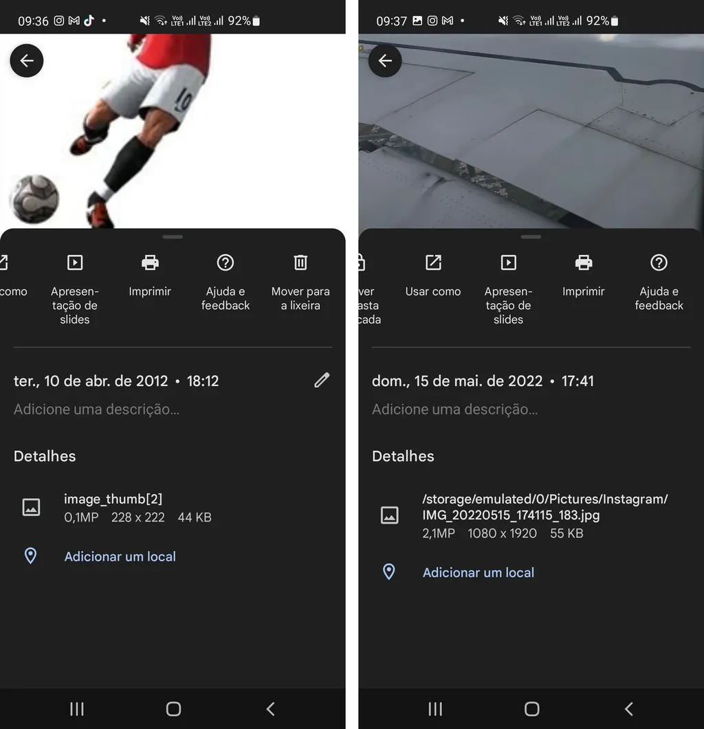 As fotos agora podem ser enviadas para lixeira diretamente no Android (esquerda), mas não em álbuns compartilhados (direita) (Imagem: Alveni Lisboa/Canaltech)