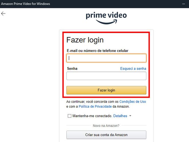 Faça o login com a sua conta da Amazon para acessar o app (Captura de tela: Matheus Bigogno)