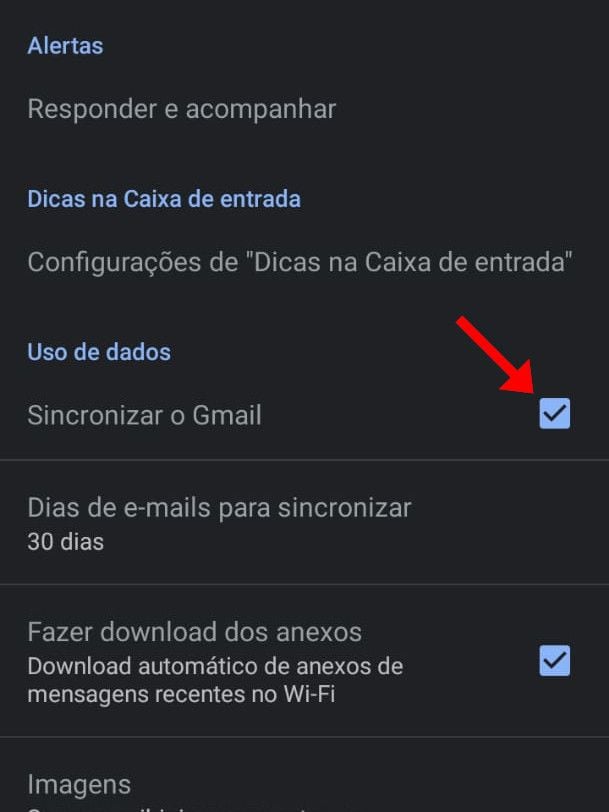 Dentro da seção "Uso de dados", desmarque a opção "Sincronizar o Gmail" (Captura de tela: Matheus Bigogno)