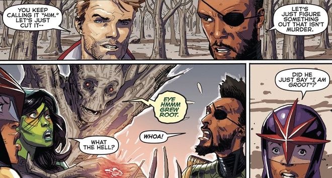 Groot apenas repete algumas dessas palavras: “eye hmmm grew root” (algo como “olho hmm cresceu raiz”) (Imagem: Reprodução/Marvel Comics)