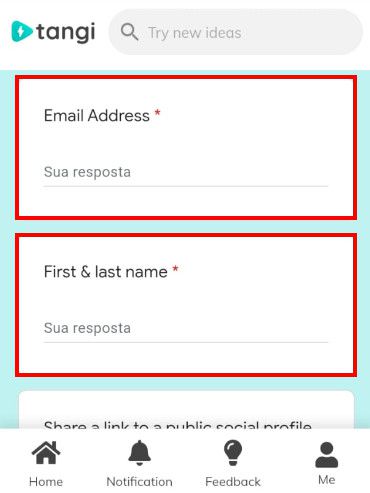 Preencha o e-mail que você usa na sua conta Tangi e o seu nome (Captura de tela: Matheus Bigogno)