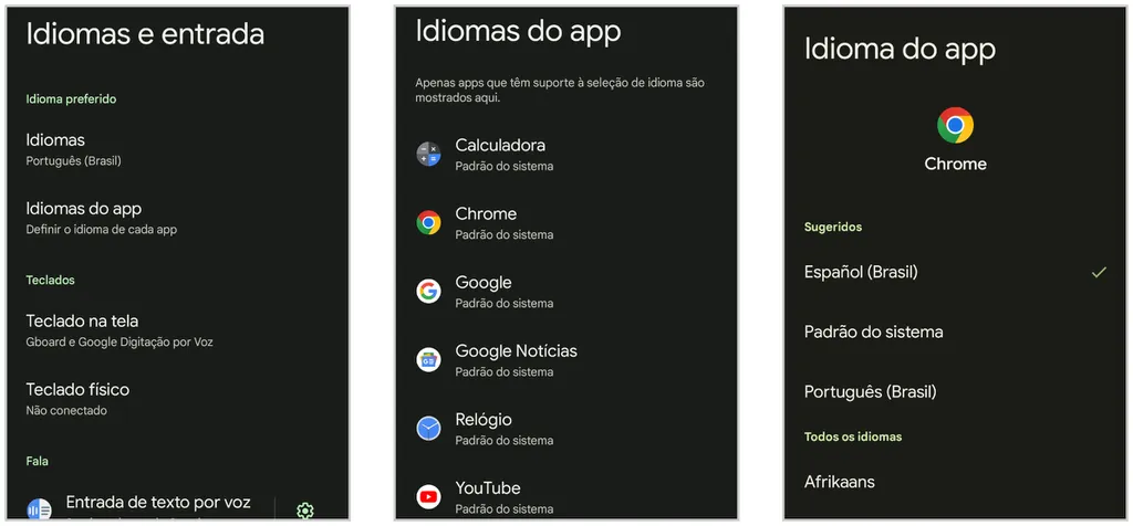 No Android 13, é possível selecionar o "idioma preferido" para apps individualmente (Captura de tela: Matheus Bigogno/Canaltech)