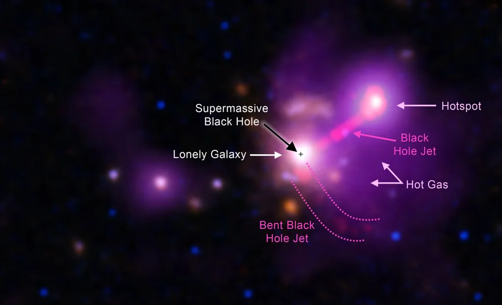 A galáxia 3C 297 está sozinha no universo porque devorou as coleguinhas (Imagem: Reprodução/CXC/Univ. de Turim/V. Missaglia et ai./NASA/ESA/STScI & International Gemini Observatory/NOIRLab/NSF/AURA/NRAO/AUI)