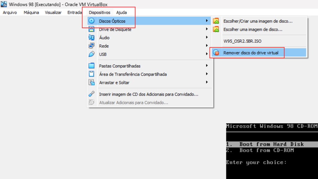 Remova o disco virtual do Windows 98 (Imagem: Captura de tela/Bruno De Blasi/Canaltech)