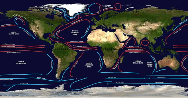 Os giros são grandes sistemas de correntes oceânicas rotativas e existem cinco deles que predominam nos oceanos (Imagem: Reprodução/NOAA)