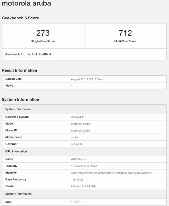 Moto E20 tem o codinome Aruba (Imagem: Reprodução/Geekbench)