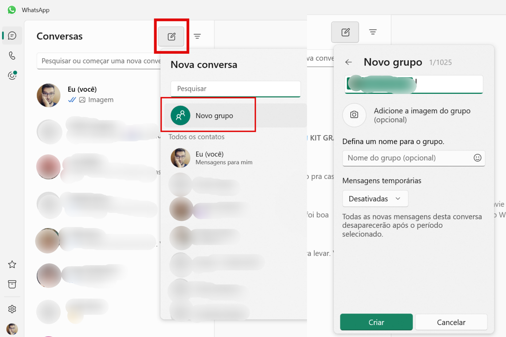 Como criar grupo no WhatsApp pelo app para Windows (Imagem: Captura de tela/Guilherme Haas/Canaltech)