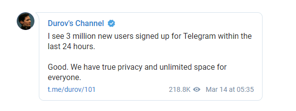 O CEO do Telegram, Pavel Durov, celebrou o aumento de 3 milhões de usuários no app de mensagens após queda do Facebook, Instagram e WhatsApp (Captura de Imagem: Rafael Arbulu)
