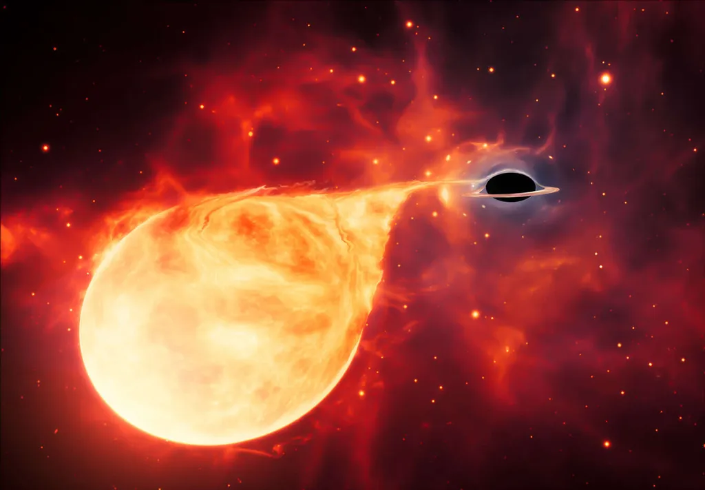 Representação de uma estrela sendo devorada por um buraco negro: a matéria da estrela é engolida, causando emissões de raios X e "dedurando" sua existência (Imagem: Reprodução/ESA/Hubble, M. Kornmesser)