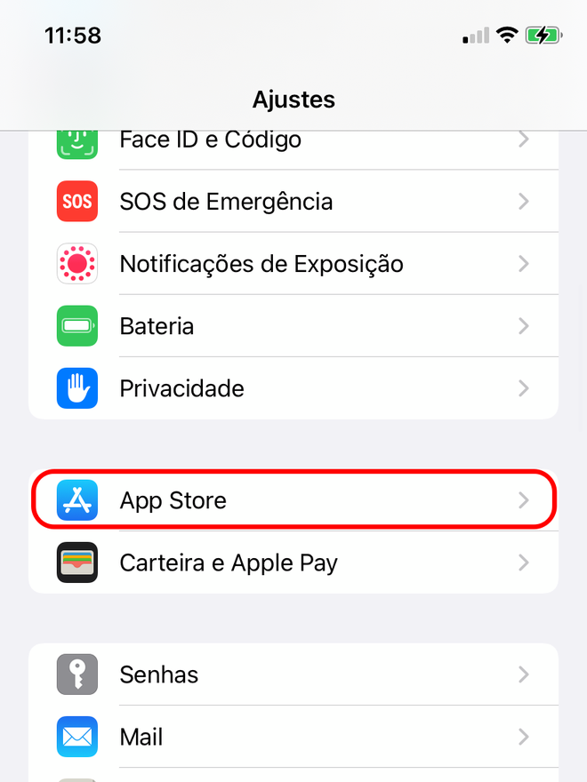 Toque na seção de App Store nos ajustes do iPhone - Captura de tela: Thiago Furquim (Canaltech)