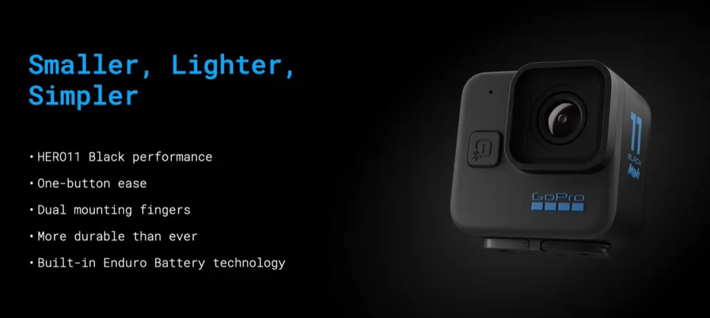 Com foco na acessibilidade, a GoPro Hero 11 Black Mini promete oferecer a mesma experiência de uso da Hero 11 Black tradicional em um corpo mais compacto (Imagem: GoPro)