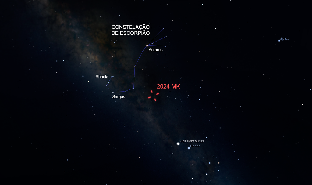 O asteroide na constelação de Escorpião às 22h (Imagem: Stellarium; anotações: Daniele Cavalcante)