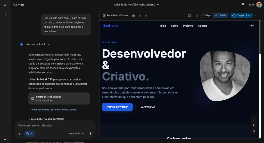 Vibe coding no Gemini Canvas