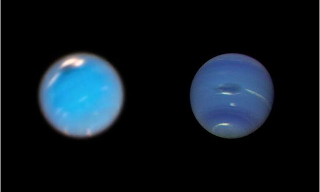 À esquerda, a composição de imagens do Hubble com a mancha escura aparecendo em novembro de 2018. À direita, a imagem registrada pela Voyager 2 (Foto: NASA/ESA)
